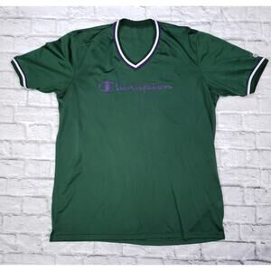 VTG Champion Jersey Green Spell Out Tri-Color Varsity Stripe Short Slv Fits XXL